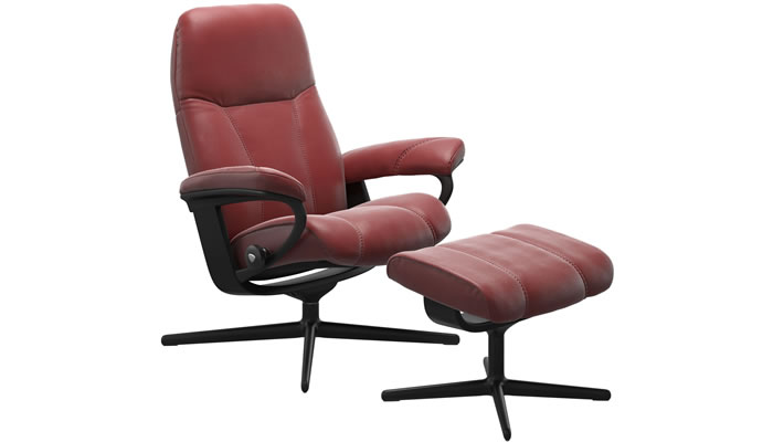 Stressless Consul Cross Recliner and Stool in Cori Brick Red Leather